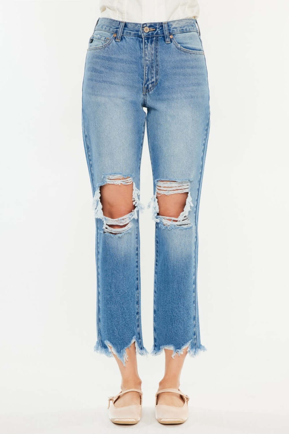 Medium Blue Distressed Frayed Hem Cropped Jeans, Kancan, A Moment Of Now