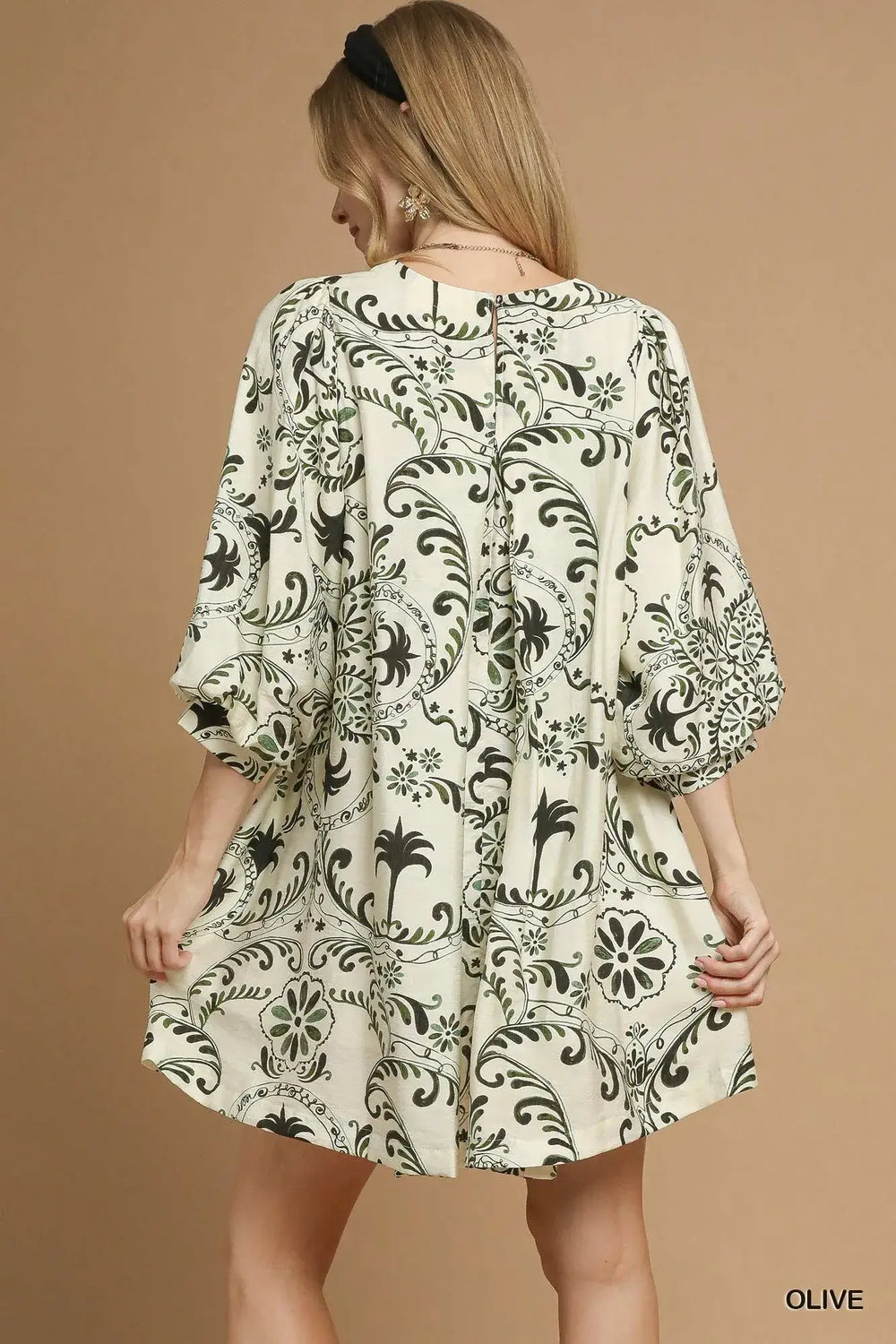 Olive Green Boho Printed Balloon Sleeve Mini Dress, Dresses, $ 62.00, A Moment Of Now™
