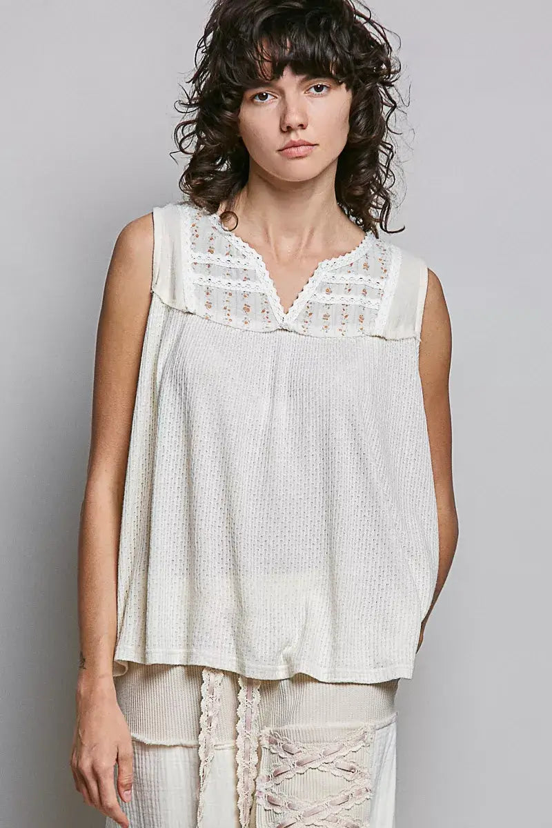 Off White Lace Detail Double Gauze Patch Sleeveless Top Boho Fashion, Tank Tops, $ 59.00, A Moment Of Now™