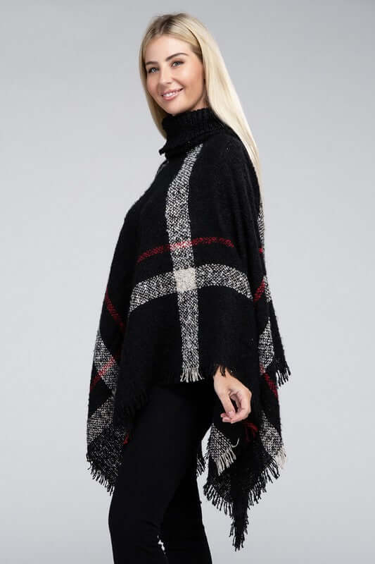 Ivory Black Turtleneck Plaid Knit Pancho, Nuvi Apparel, $ 45.95