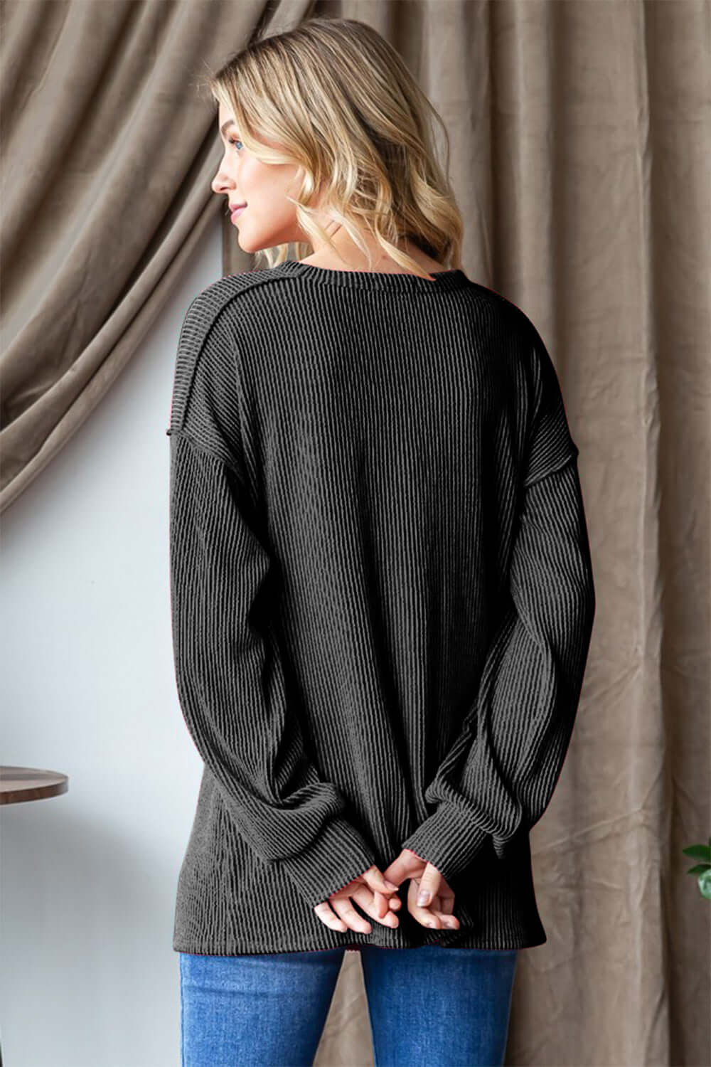 Be Merry Charcoal Ribbed Exposed Seam Long Sleeve Graphic Tee T-shirt, Heimish, $ 45.00