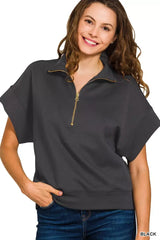 Zenana Scuba High Neck Half Zip Short Sleeve Top | Plus Size, Tops, $ 33.00, A Moment Of Now™