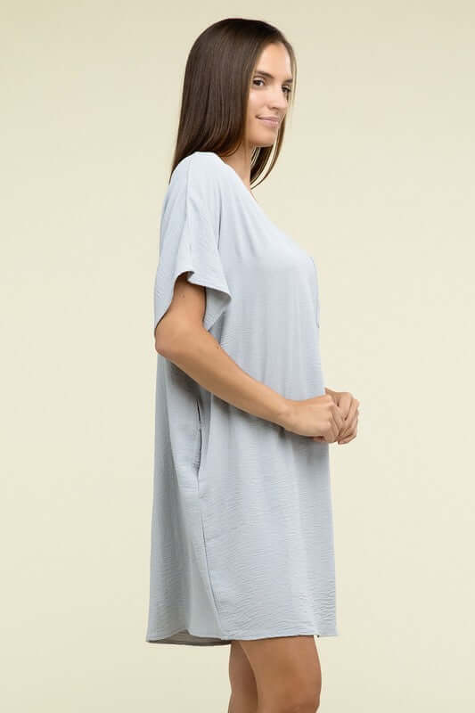 Causal Woven Airflow V Neck T-Shirt Dress with Pockets, ZENANA, $ 36.95