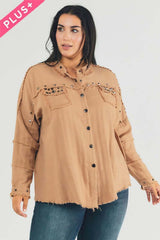 Plus Distressed hem button down oversize shirt, Davi & Dani, $ 69.00