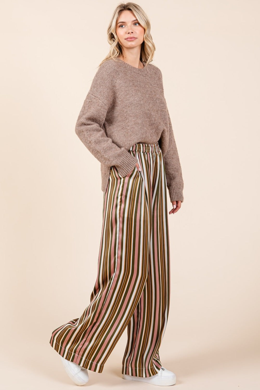 Mauve Brown Striped Satin Elastic Waist Wide Leg Pants