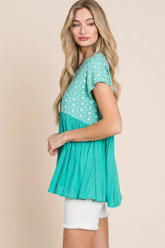 Mint Embroidered Short Sleeve Pleated Babydoll Top Plus Size, Tops, $ 25.00, A Moment Of Now™
