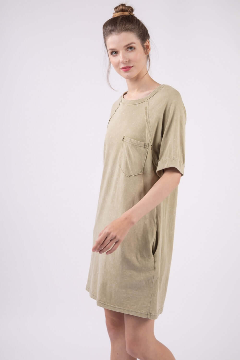 Sage Washed Round Neck Mini Tee Dress - Casual Style, Dresses, $ 40.00, A Moment Of Now™