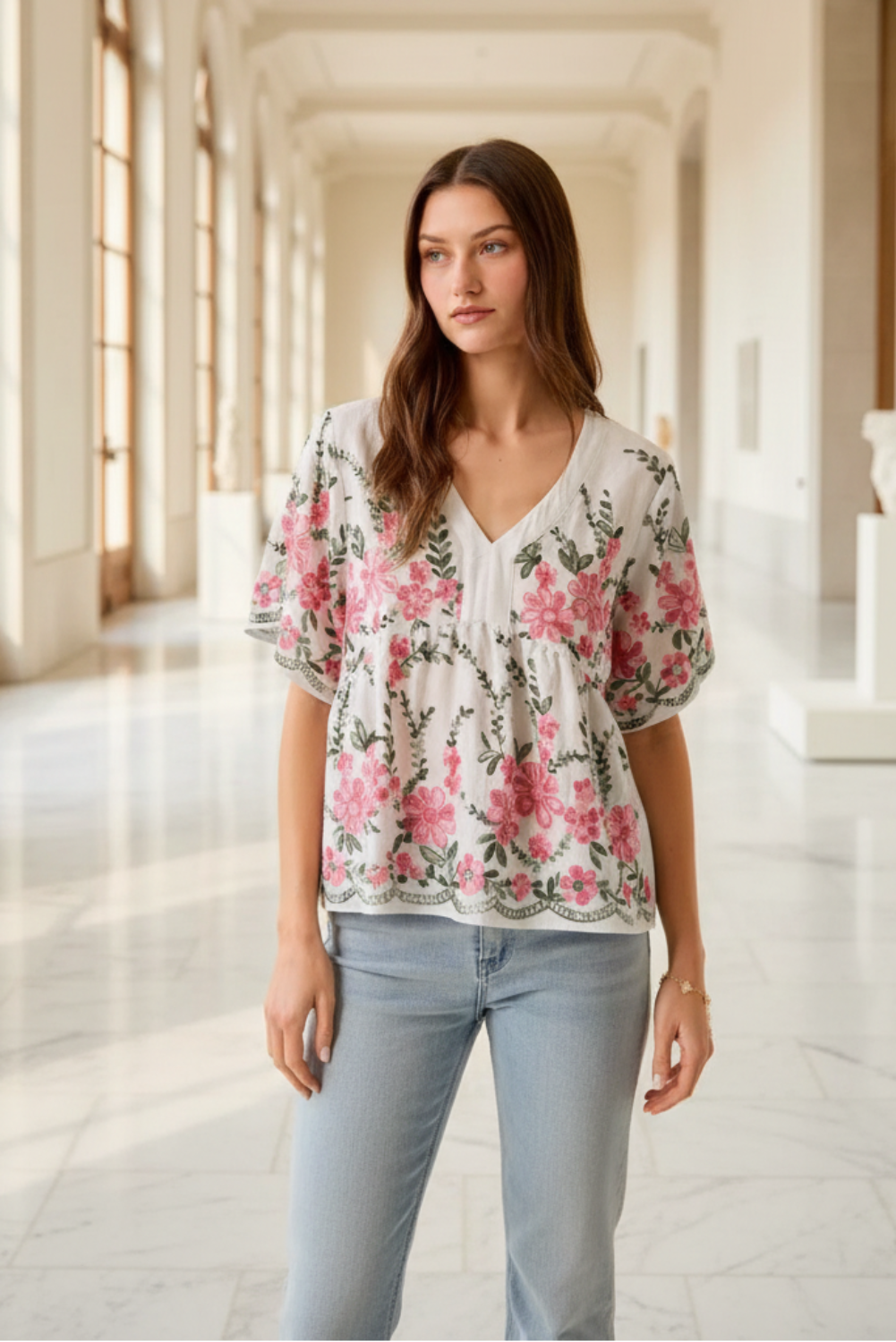 Floral Embroidered V-Neck Boho Blouse Top