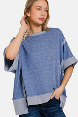 Navy Blue Contrast Trim Drop Shoulder T-Shirt Top, Zenana, $ 27.00