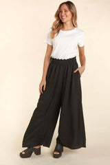 Black Elastic Waist Wide Leg Pants with Pockets, Haptics, $ 48.00