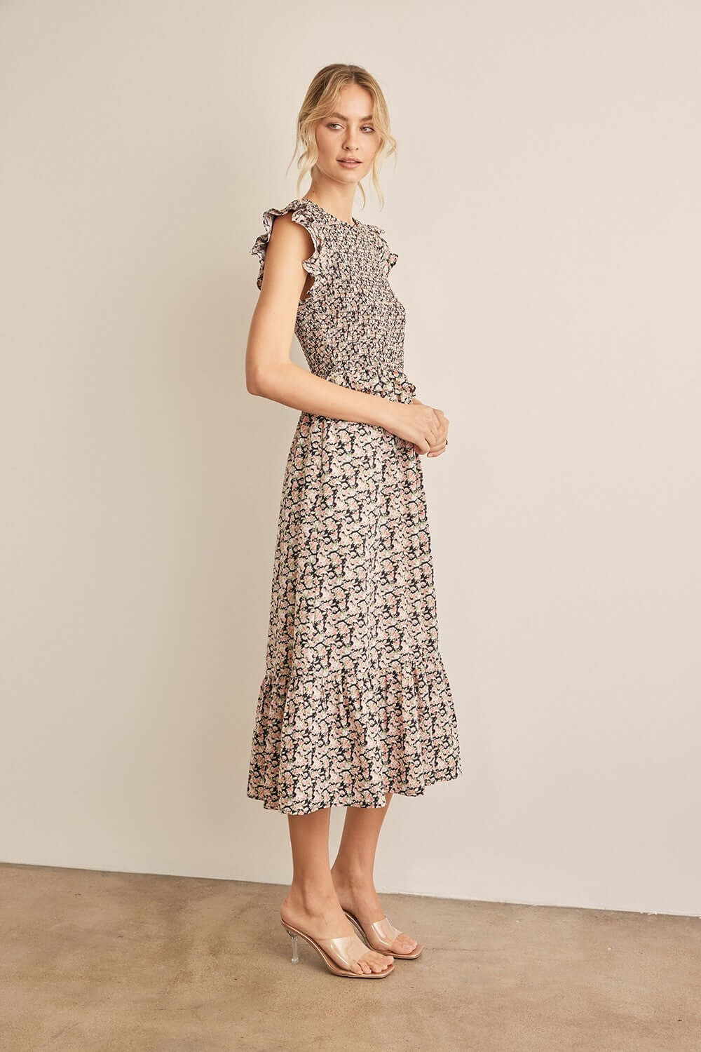 Black Peach Floral Print Smocked Ruffled Midi Dress, In February, A Moment Of Now