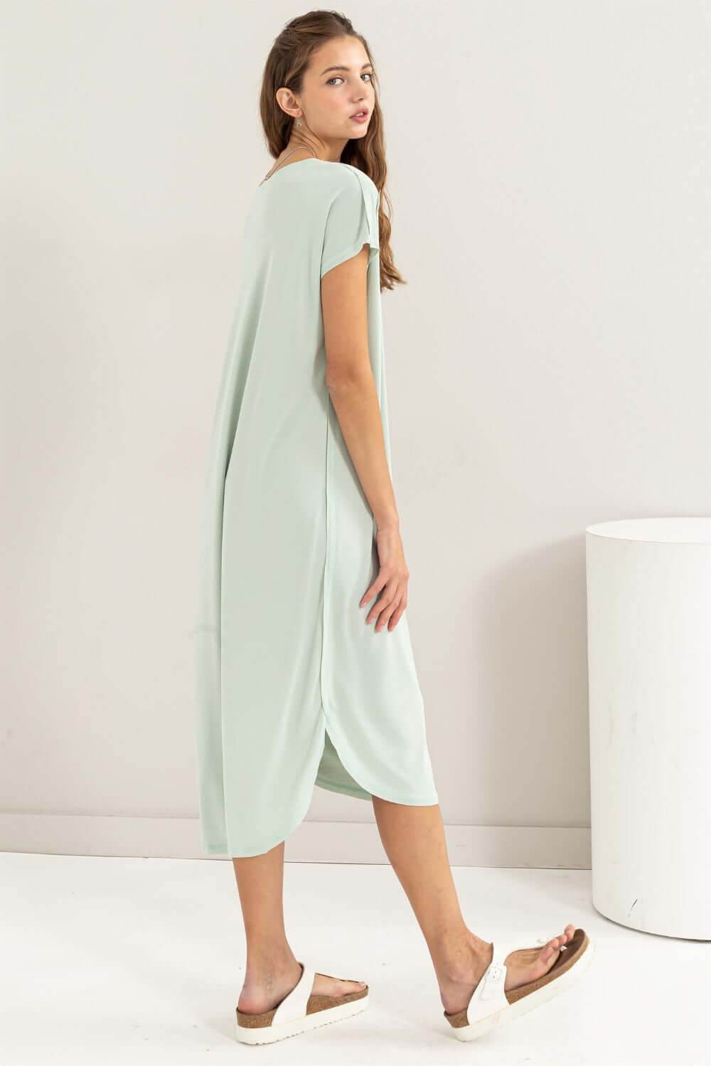 Mint Green Short Sleeve High-Low Slit Midi Dress for All Occasions, Dresses, $ 35.00, A Moment Of Now™