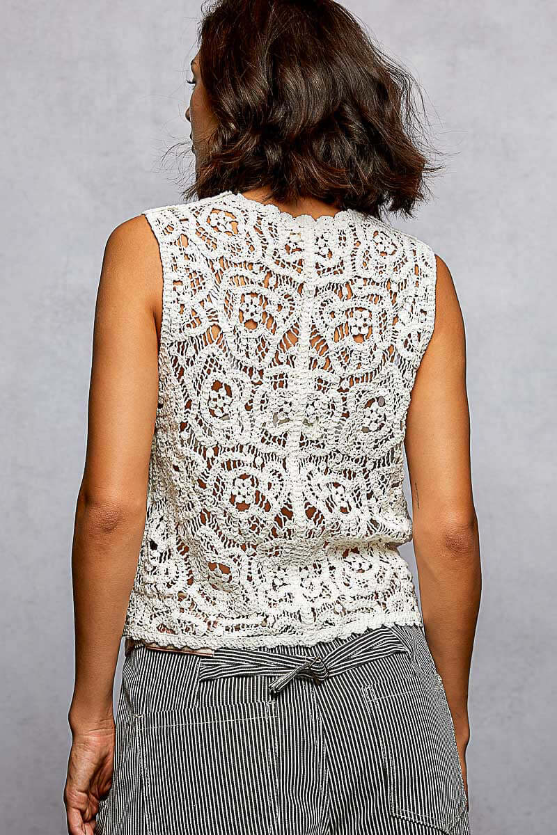 Off White Button-Down Cropped Crochet Vest with Scalloped Edge | POL, Vests, $ 50.00, A Moment Of Now™