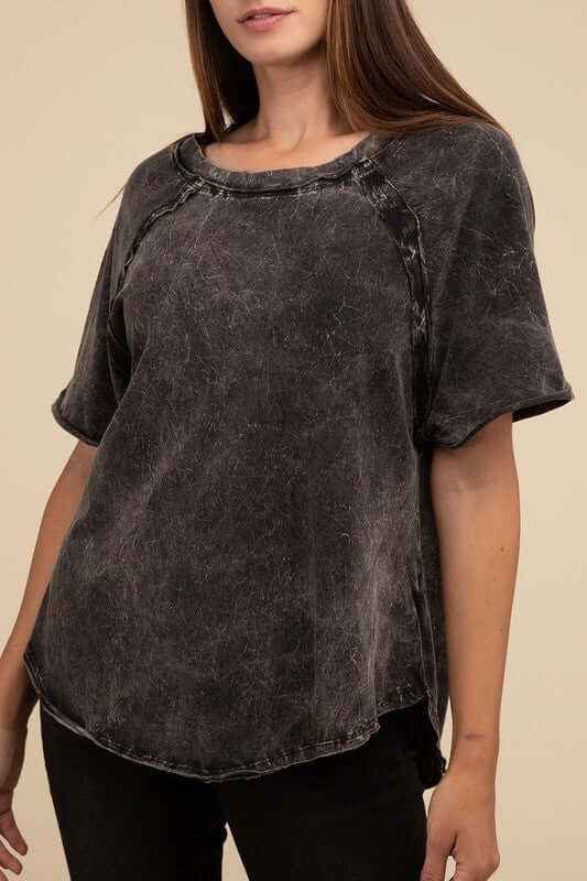 Back Patch Crinkle Washed Raglan Sleeve T-Shirt, ZENANA, $ 27.95