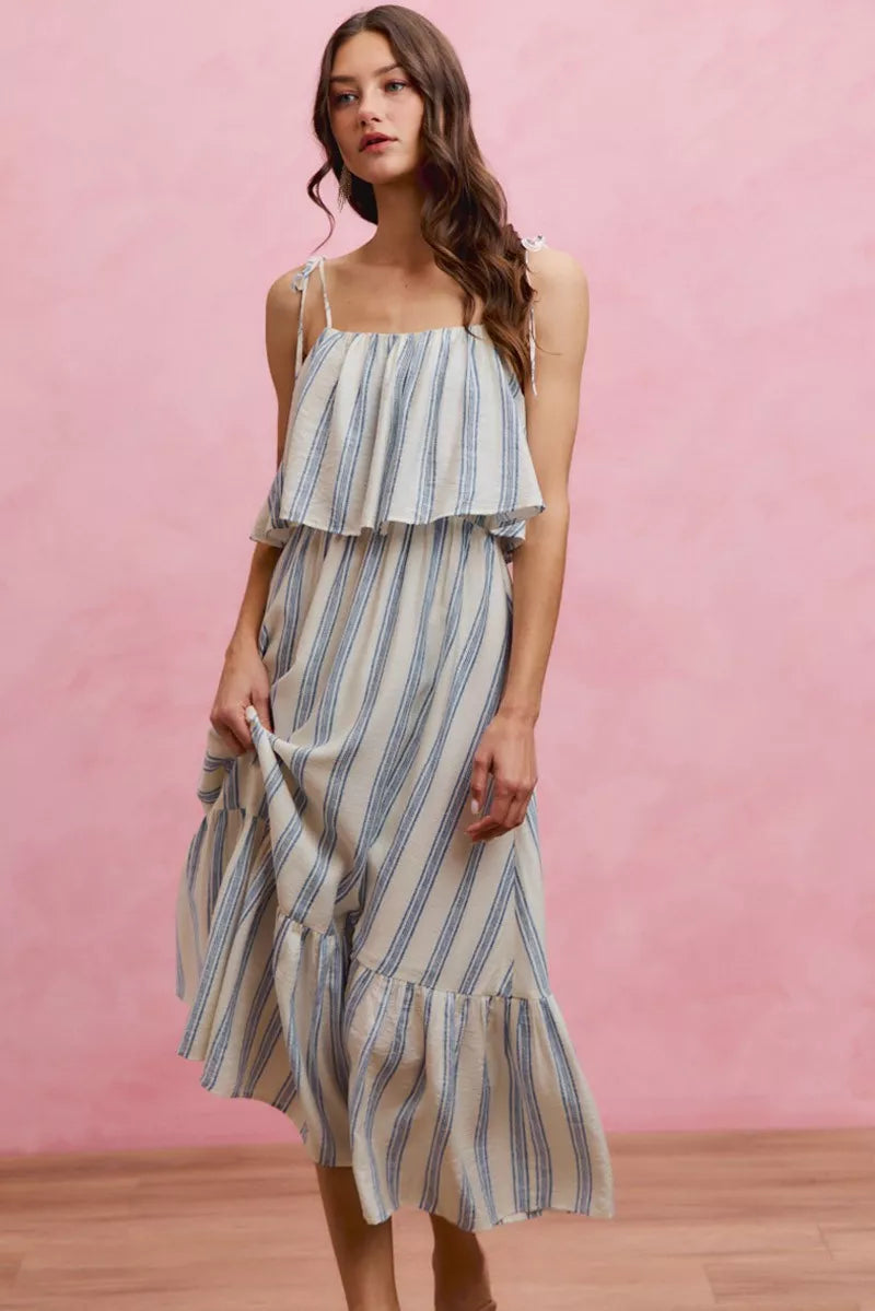 Stripe Tiered Shoulder Tie Midi Lined Dress | Boutique In USA, Dresses, $ 59.00, A Moment Of Now™