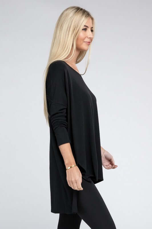 Dolman Long Sleeve V-Neck Side Slit Hi-Low Hem Top, ZENANA, $ 19.00