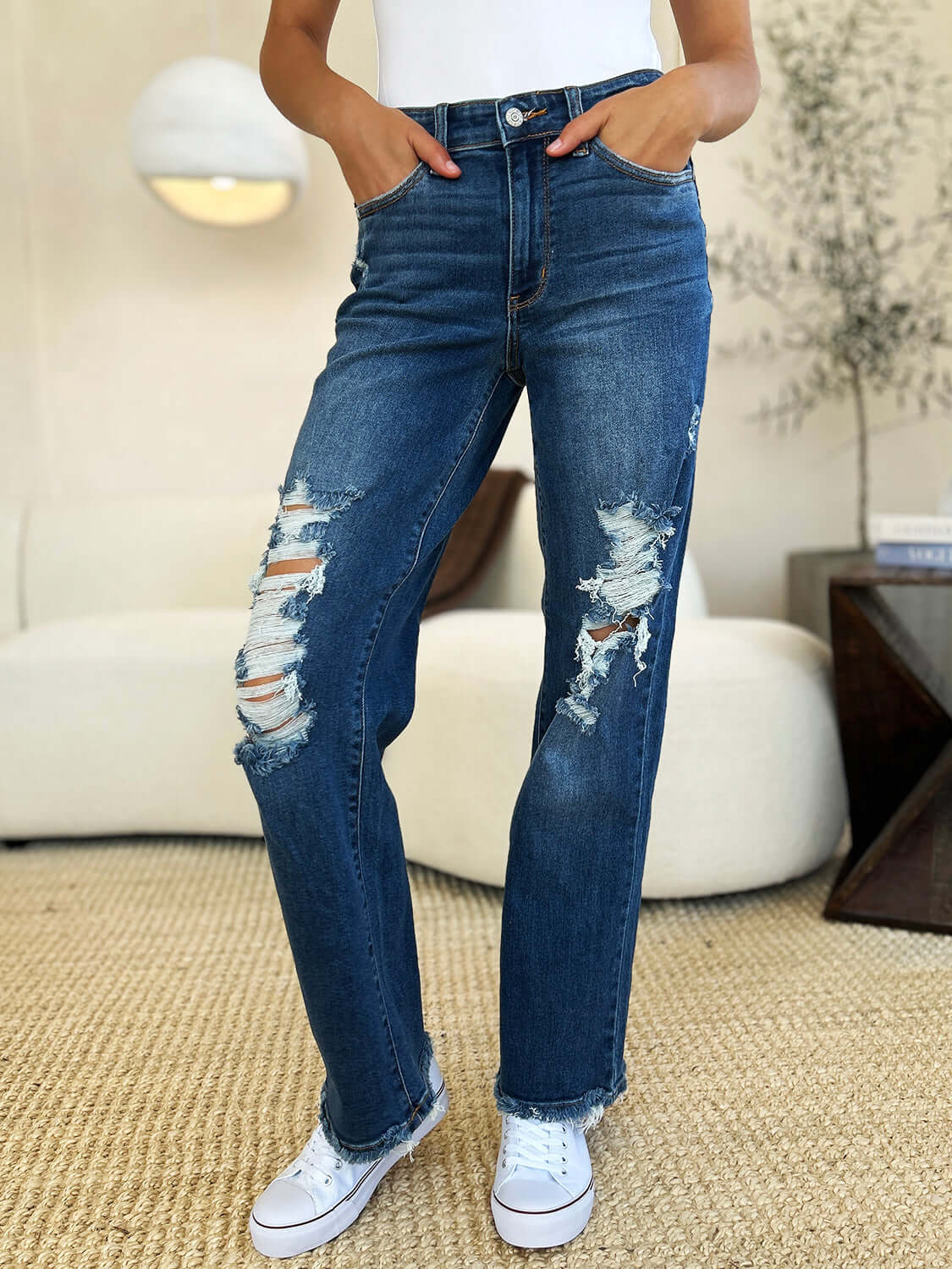 Judy Blue Dark Blue Mid Rise Distressed Raw Hem Jeans, Judy Blue, $ 69.00