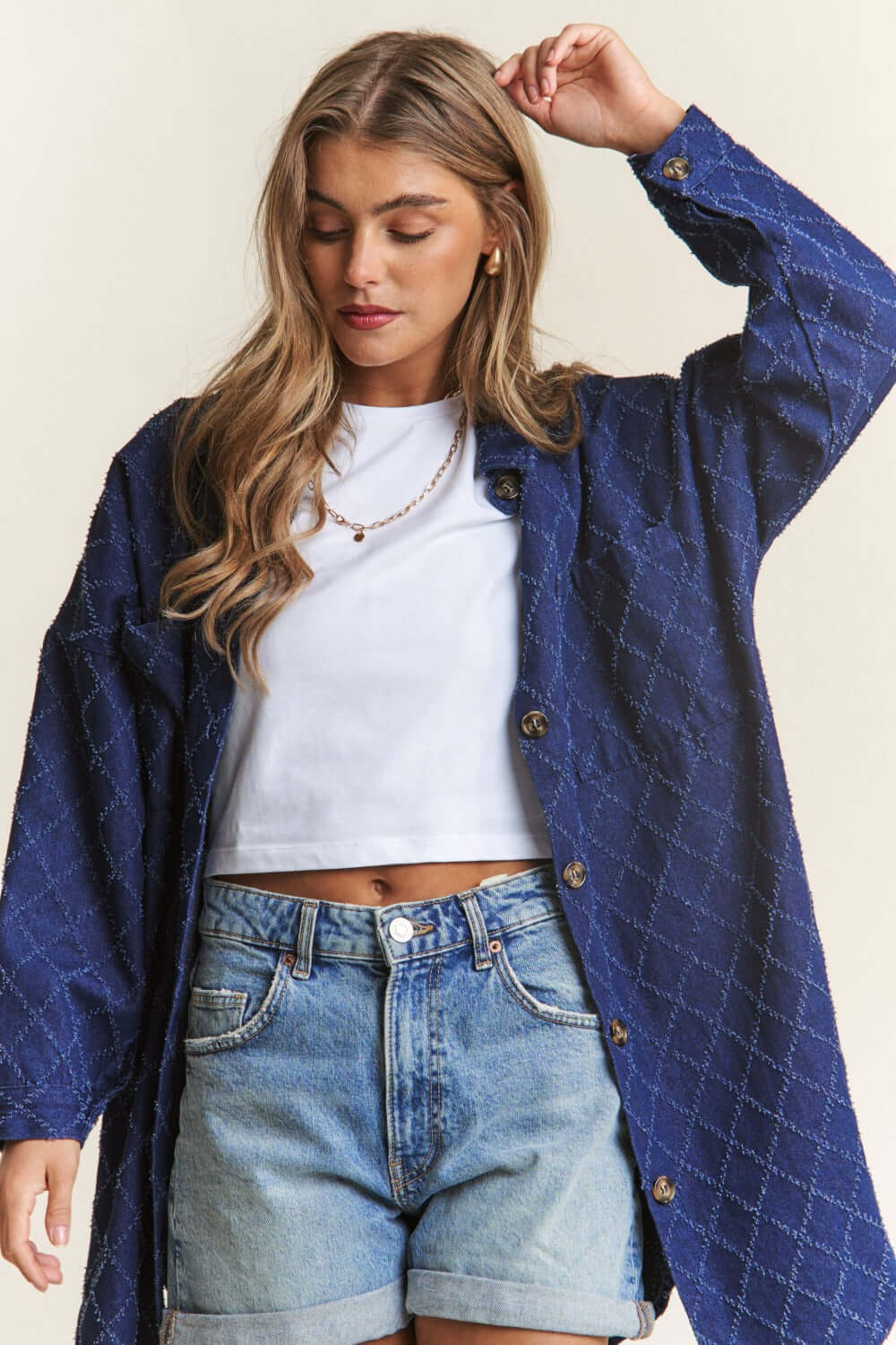 Dark Blue Rhombus Stitched Button Up Denim Shacket - Style Up, Shackets, $ 59.00, A Moment Of Now™