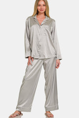 Silver Satin Long Sleeve Shirt and Pants Pajama Set