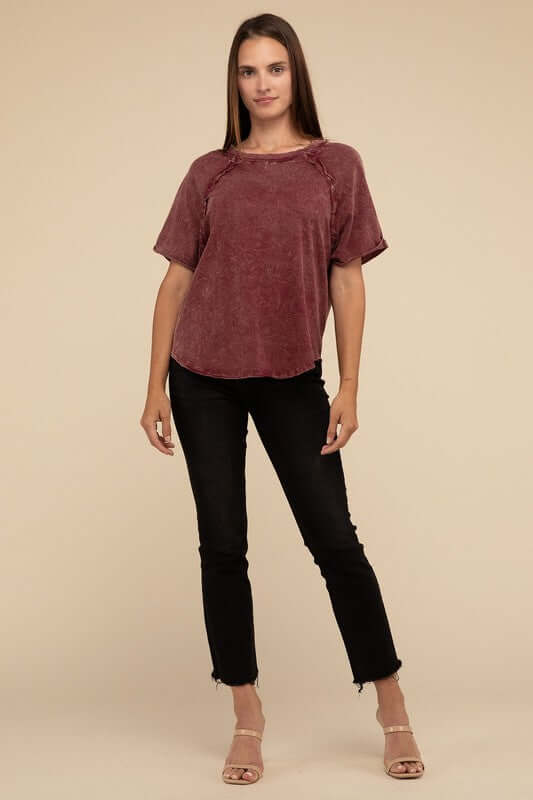 Back Patch Crinkle Washed Raglan Sleeve T-Shirt, ZENANA, $ 27.95