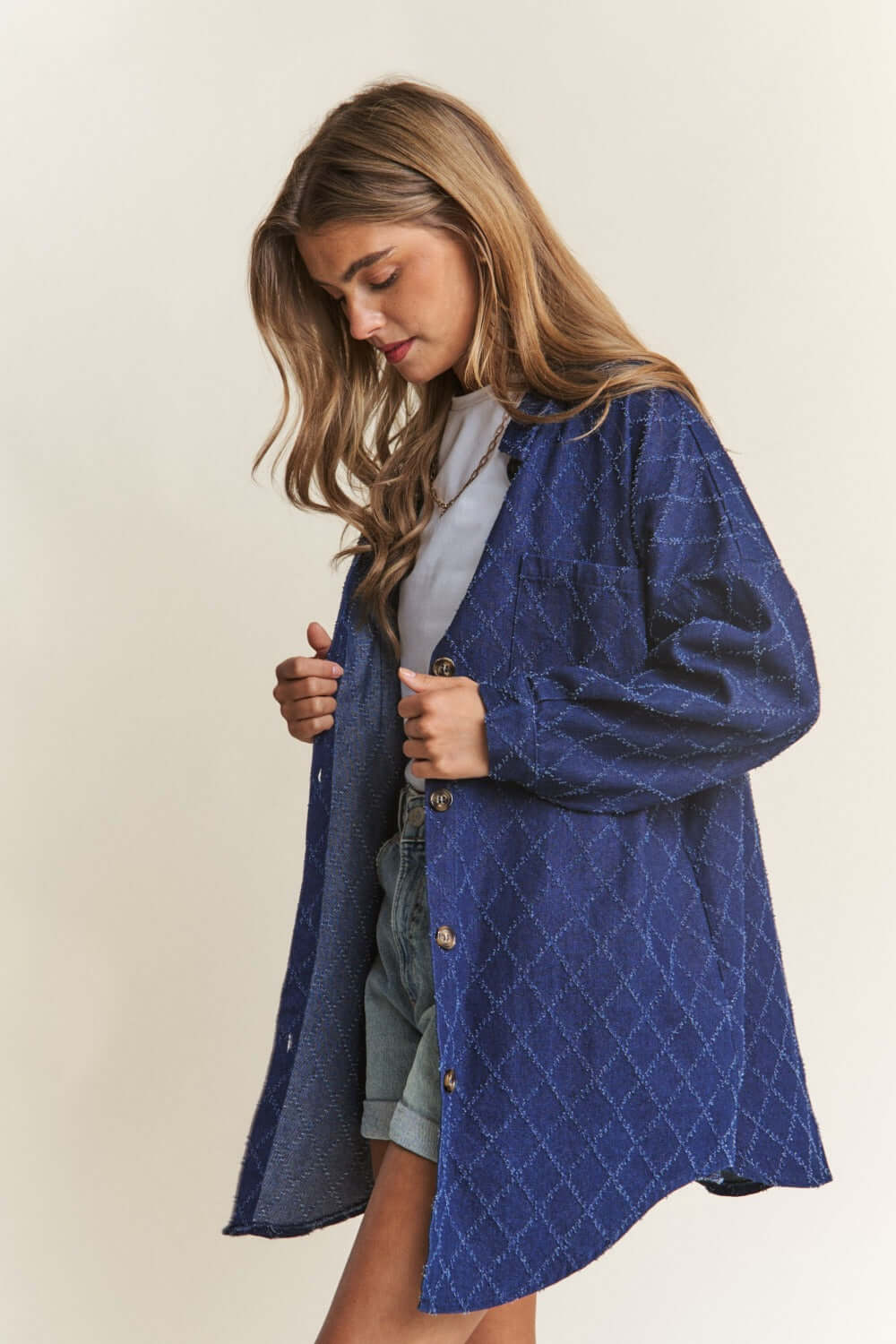 Dark Blue Rhombus Stitched Button Up Denim Shacket - Style Up, Shackets, $ 59.00, A Moment Of Now™