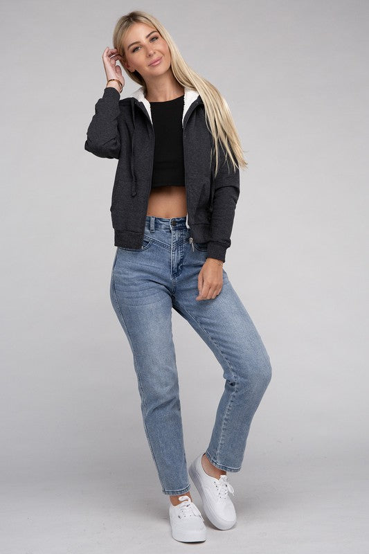 Fuzzy Trim Zip-Up Crop Hoodie Jacket