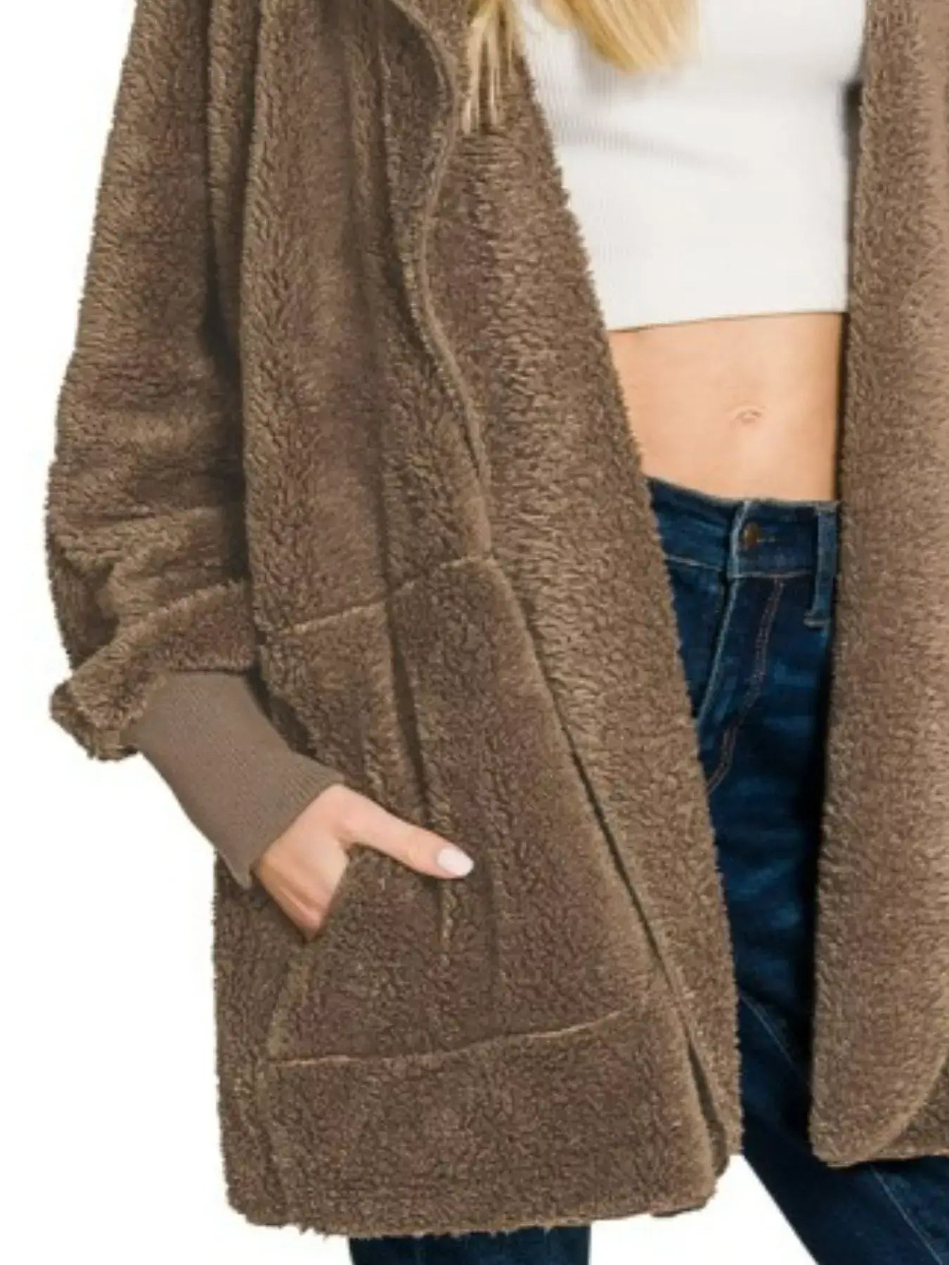 Mocha Brown Faux Fur Hooded Jacket with Pockets, Jackets, $ 40.00, A Moment Of Now™
