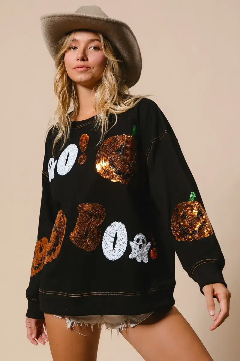 Black Halloween Sequin Embroidery Sweatshirt, Sweatshirts, $ 62.00, A Moment Of Now™