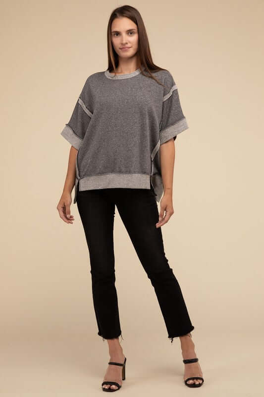 Contrast Trim Top Stitching Drop Shoulder Top, ZENANA, $ 35.95