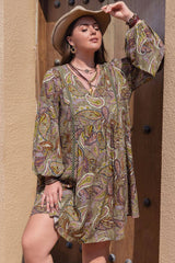 Plus Size Bohemian Printed V-Neck Long Sleeve Midi Dress