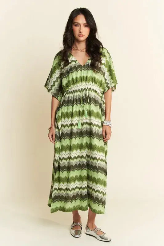 Sage Green Wavy Pattern Tie Waist Dress - Flowy Elegance, Dresses, $ 55.00, A Moment Of Now™