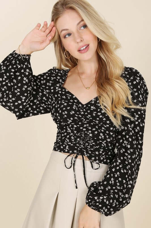 Black Ruched Floral Print Crop Top with Puff Sleeves, Lilou, $ 33.95