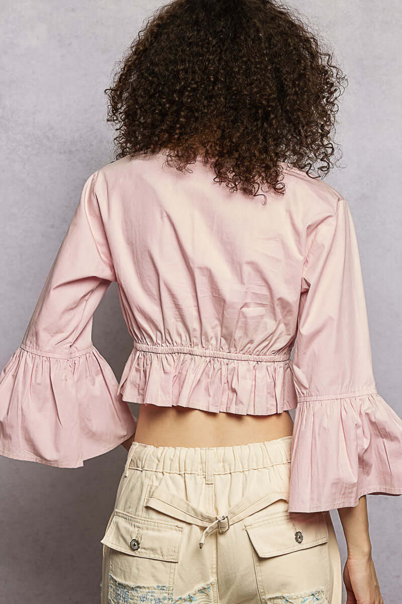 Boho Pink Floral Embroidered Cropped Blouse with Ruffle Sleeves , Blouses, $ 49.00, A Moment Of Now™