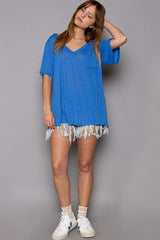 Ultramarine Blue V-Neck Short Sleeve T-Shirt, POL, $ 39.00