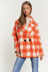 Shop Women's Fuzzy Boucle Textured Double Breasted Plaid Coat Jacket, Coats, USA Boutique