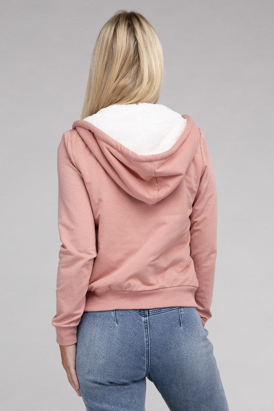 Fuzzy Trim Zip-Up Crop Hoodie Jacket