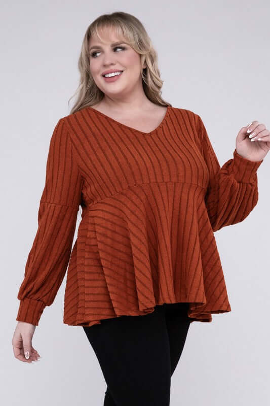 Plus Size Brown Red V Neck Tee With Ruffled Hem, Nuvi Apparel, $ 38.95