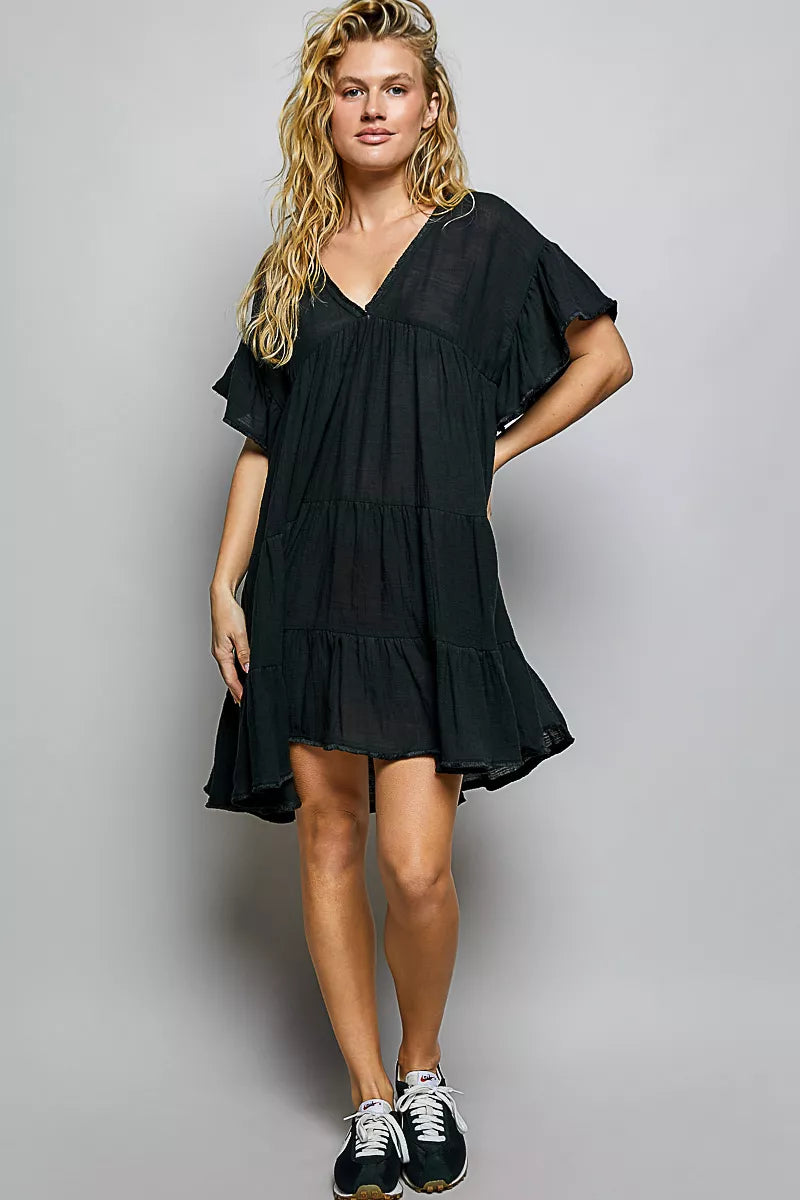 Ruffle Shirred V-Neck Short Sleeve Cotton Dress | Boutique In USA, Dresses, $ 57.00, A Moment Of Now™