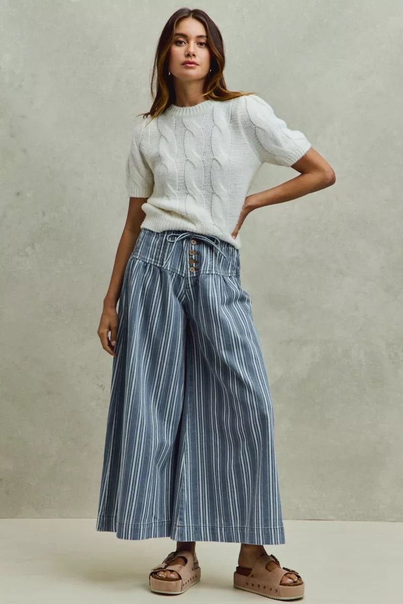 SO ME Mid Rise Stripe Denim Washed Pleat Wide Leg Pants, Pants, $ 69.00, A Moment Of Now™