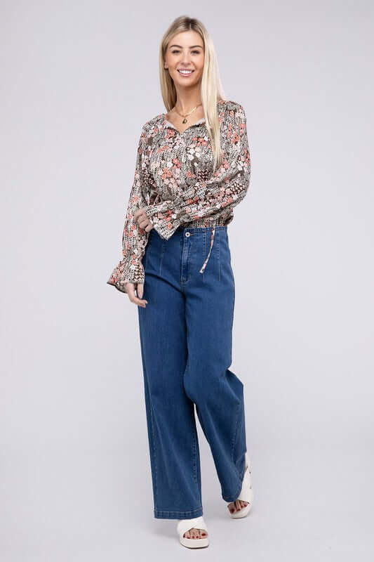 Floral Print Tie Neck Bishop Sleeve Blouse, Nuvi Apparel, $ 32.95