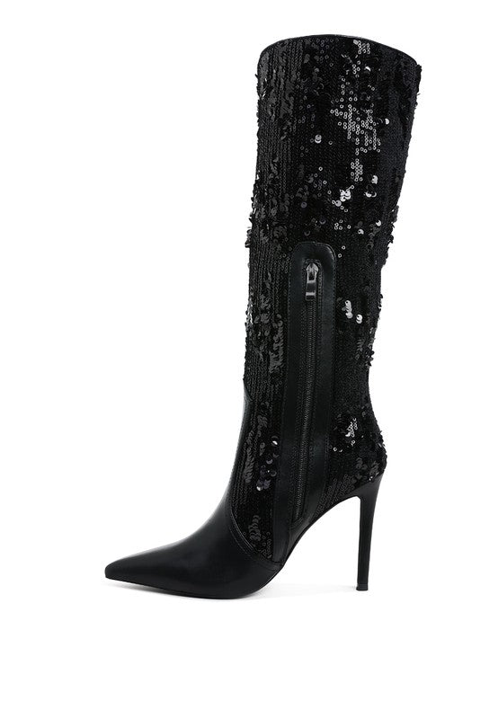 Black Sitarah Sequin Embellished Stiletto Long Boots