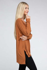 Dolman Long Sleeve V-Neck Side Slit Hi-Low Hem Top, ZENANA, $ 19.00