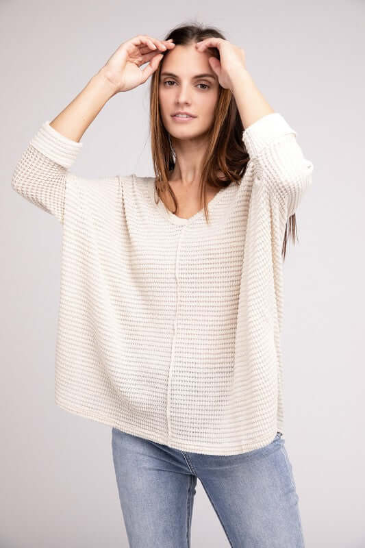 3/4 Sleeve V-Neck Hi-Low Hem Jacquard Sweater, ZENANA, $ 24.95