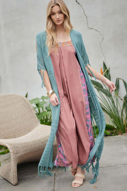 Women's 3/4 Sleeve Solid Long Cardigan With Fringe | USA Boutique, Davi & Dani, $ 59.00