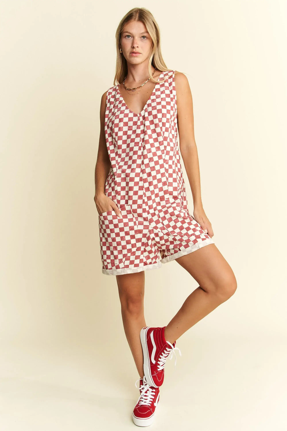 Stylish White Red Plus Size Sleeveless Plaid Romper, Rompers, $ 50.00, A Moment Of Now™