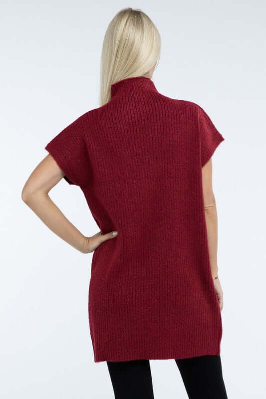 Women's Mock Neck Short Sleeve Mini Sweater Dress with Pocket, ZENANA, $ 55.00