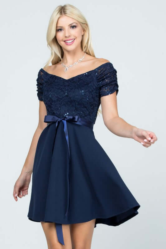 Navy Off The Shoulder Mini Dress with Lace Sleeves, Dresses, $ 65.00, A Moment Of Now™