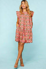 Boho Coral Summer Ruffled Printed Mini Dress with Side Pockets, Haptics, $ 64.00