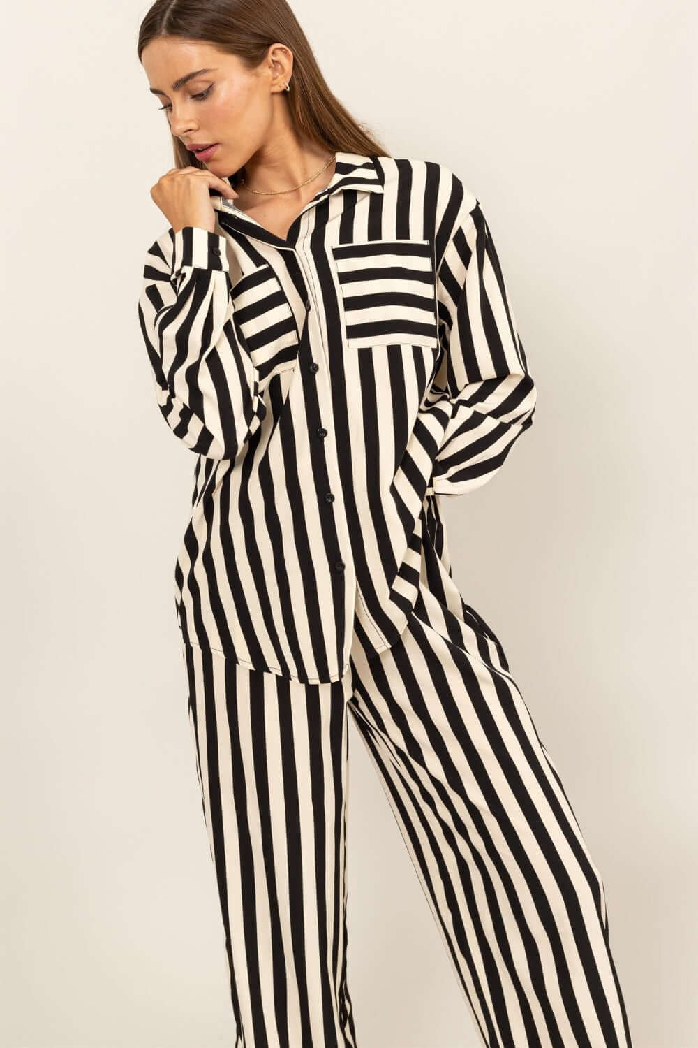 Black Striped Button Up Shirt and Pants Set, HYFVE, A Moment Of Now