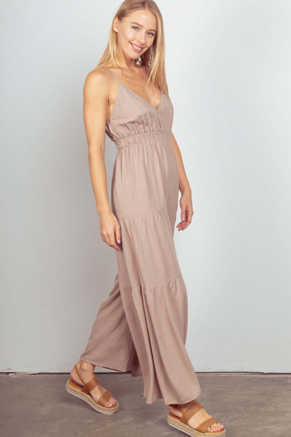 Beige Sleeveless Ruched Wide Leg Jumpsuit, VERY J, A Moment Of Now